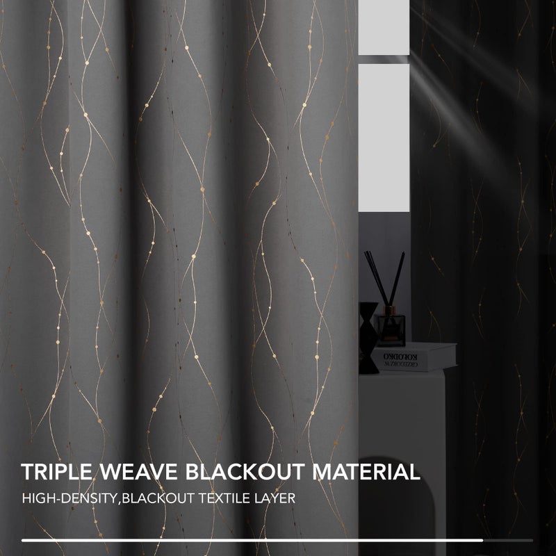 Deconovo Blackout Curtains 2 Panels for Bedroom and Living Room, Gold Foil Wave Lines and Dots, Thermal Insulated Room Darkening Grommet Window Drapes for Nursery and Kids Room, Grey, 52W x 84L Inch - Image 5